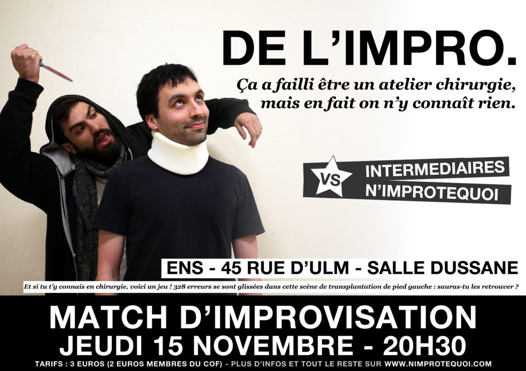 affiche du match d'improvisation avec les intermédiaires et les n'improtequoi